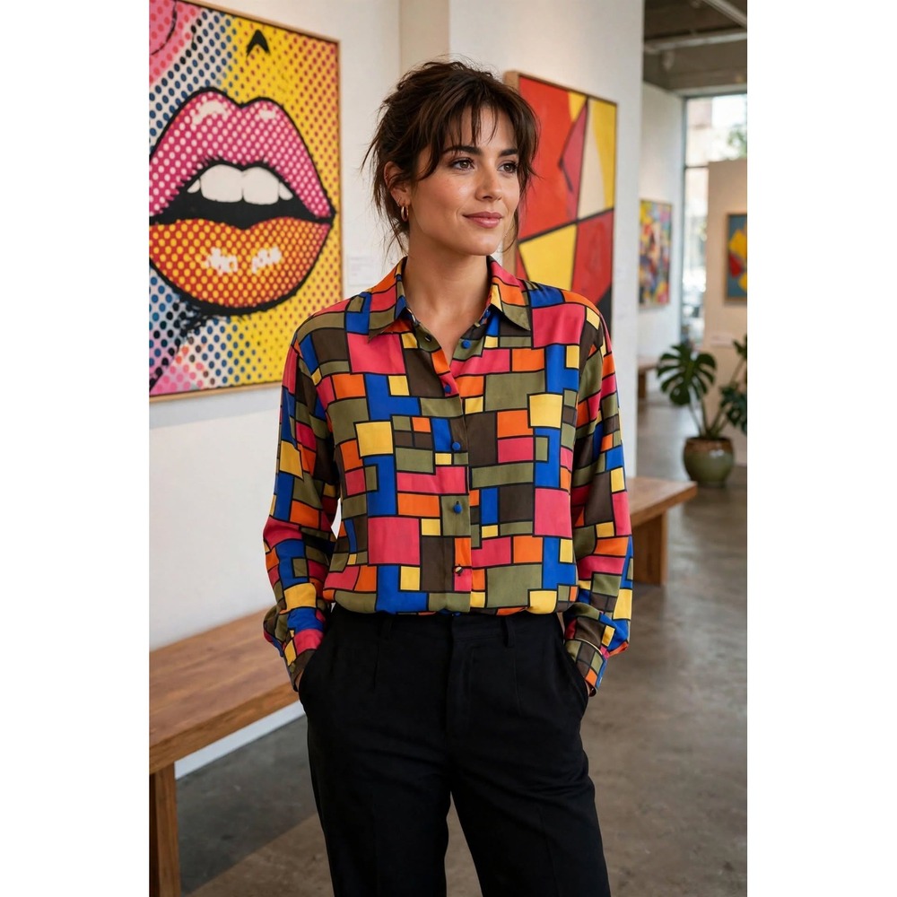 Vtg Allison Taylor‎ Silk Blouse M Abstract Cubism Pop Art Geometric Colorblock